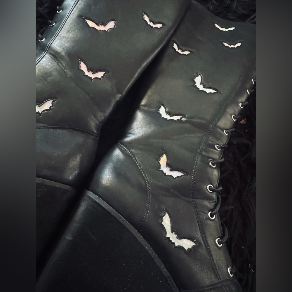 Holographic Bat black Goth Tall Lace-Up Combat Heeled boots - Picture 2 of 6